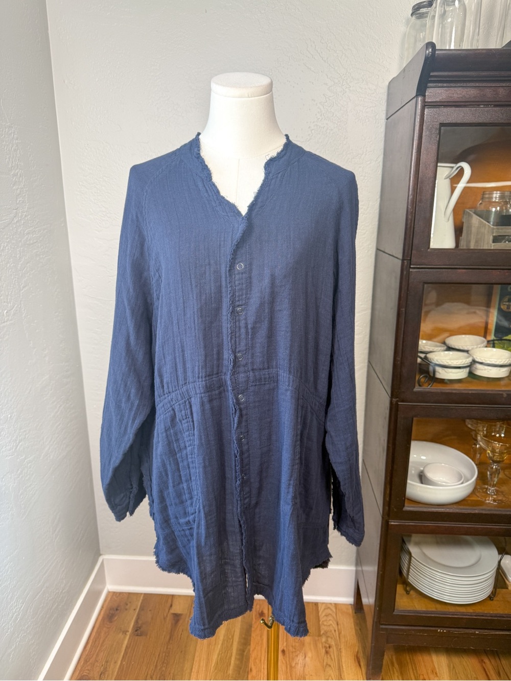 Natural Life Navy Blue Cotton Gauze Snap Front Tunic Shirt Dress Size M